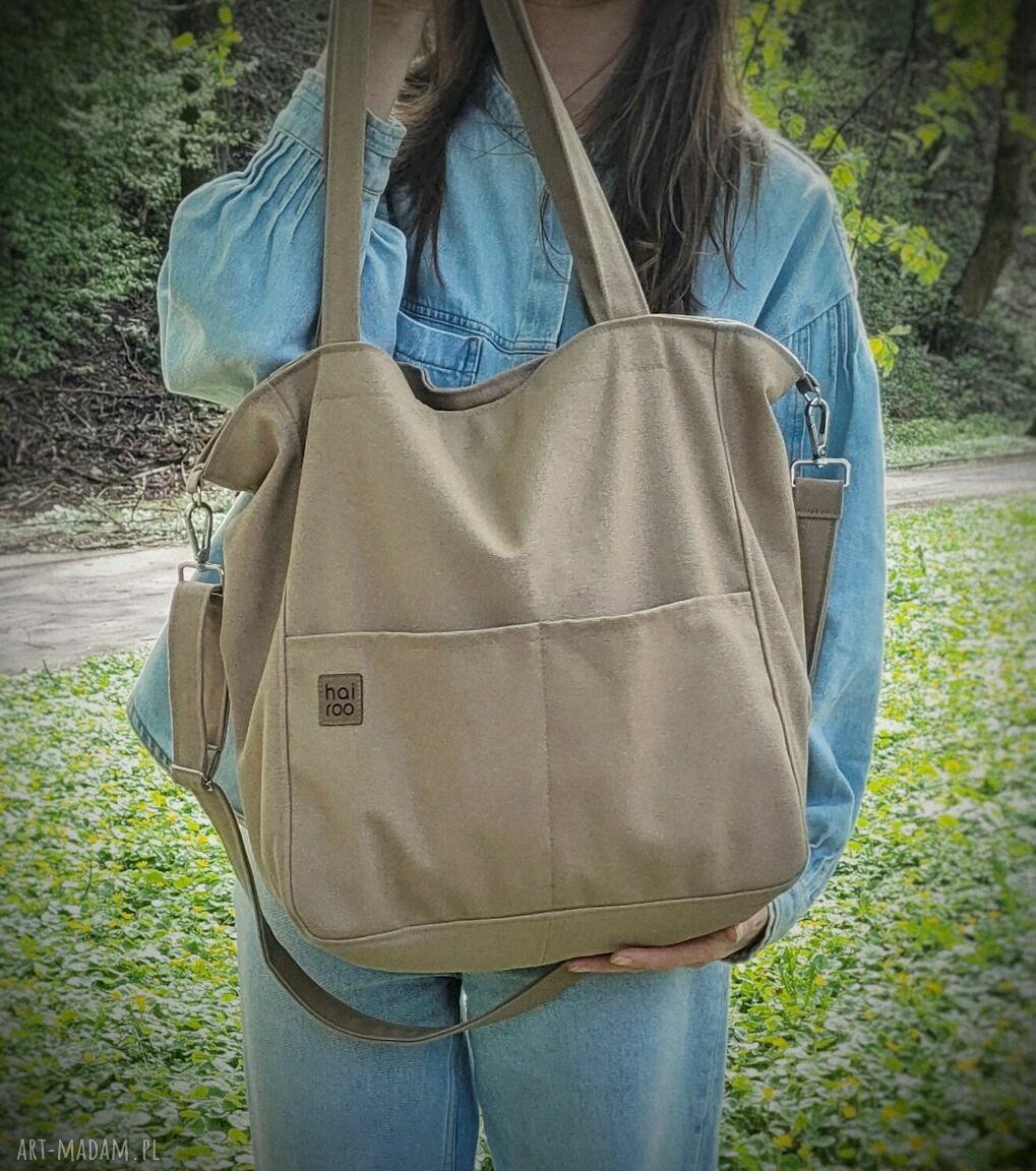 Lazy Bag Pocket - ciemnobeżowa torebka na ramię vegan z bawełny canvas