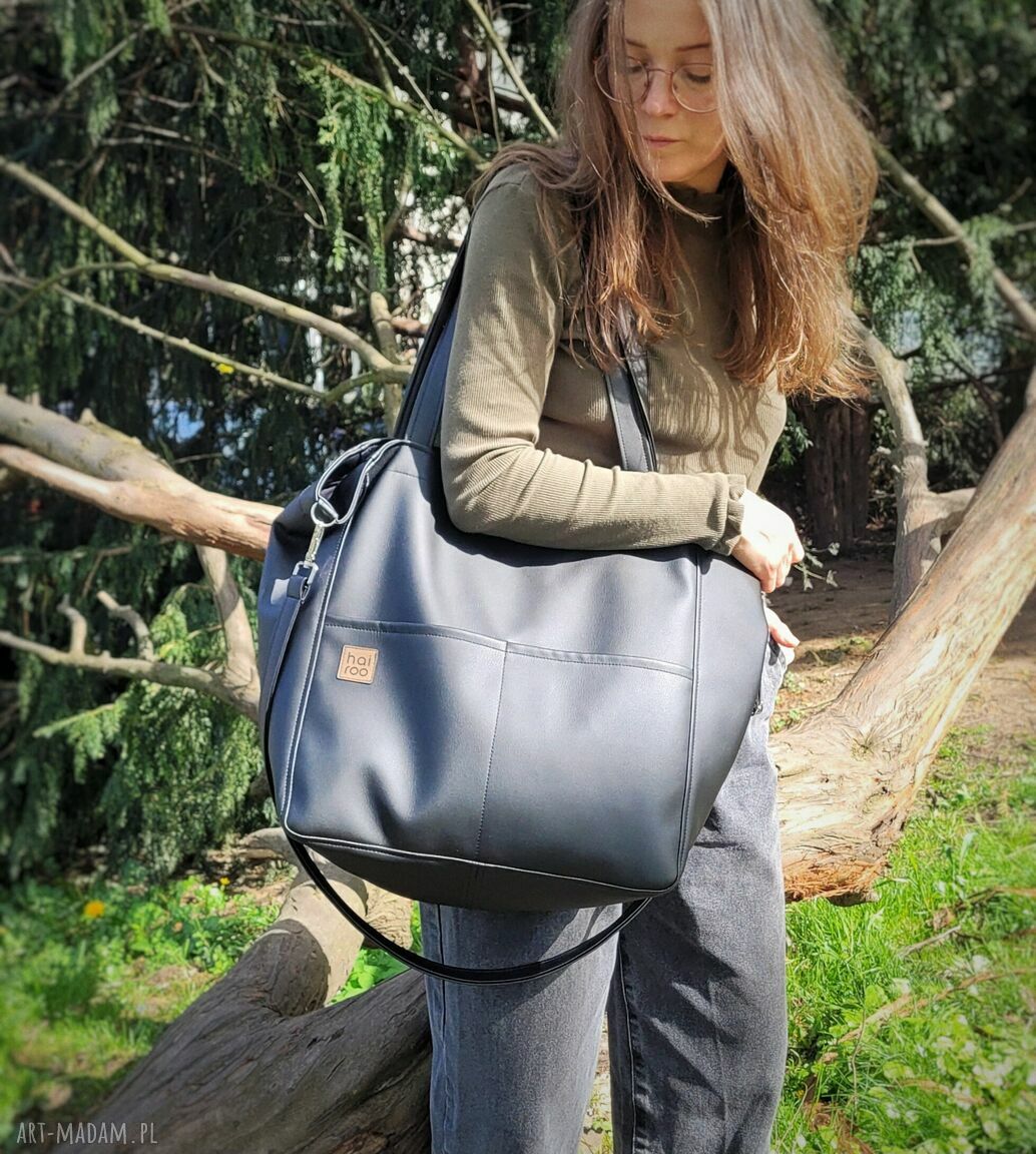 Czarna torba na ramię Lazy Bag Pocket z ekoskóry - oversize (vegan)