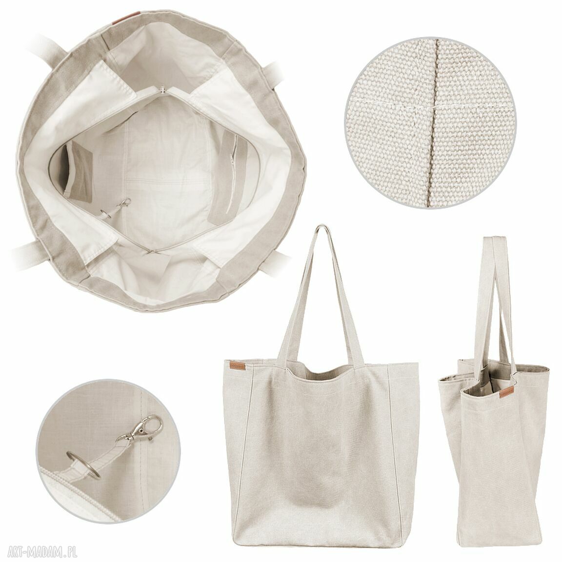 Duża beżowa Lazy Bag na zamek z bawełny - vegan handmade
