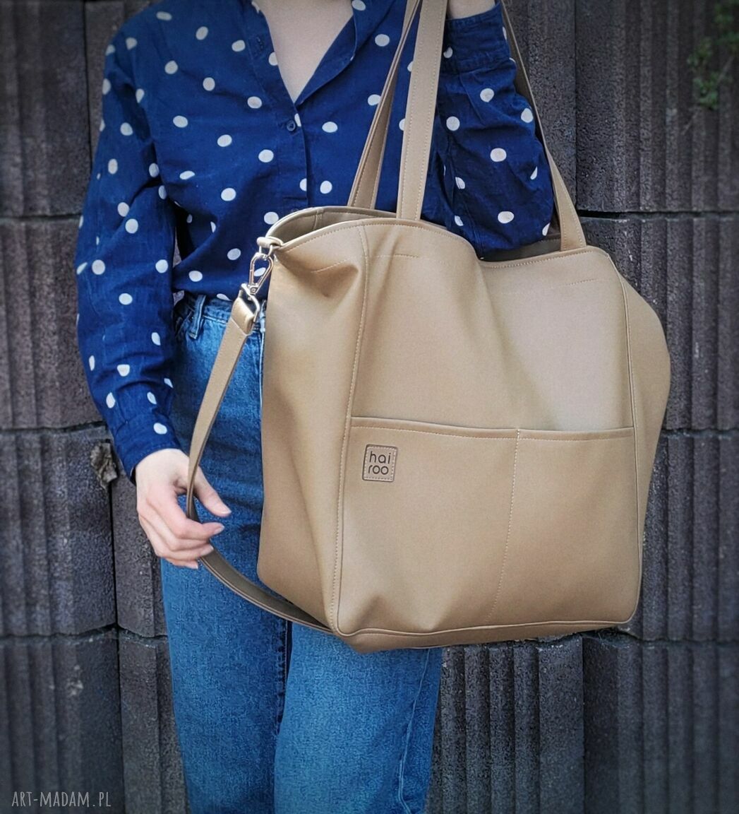 Lazy Bag Pocket - torba na ramię ciemnobeżowa z ekoskóry oversize