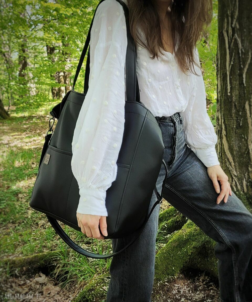 Czarna torba na ramię Lazy Bag Pocket z ekoskóry - oversize (vegan)