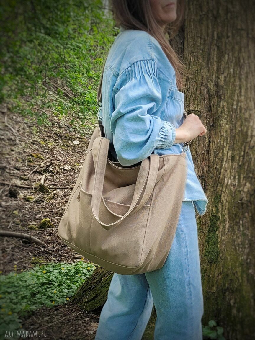 Lazy Bag Pocket - ciemnobeżowa torebka na ramię vegan z bawełny canvas