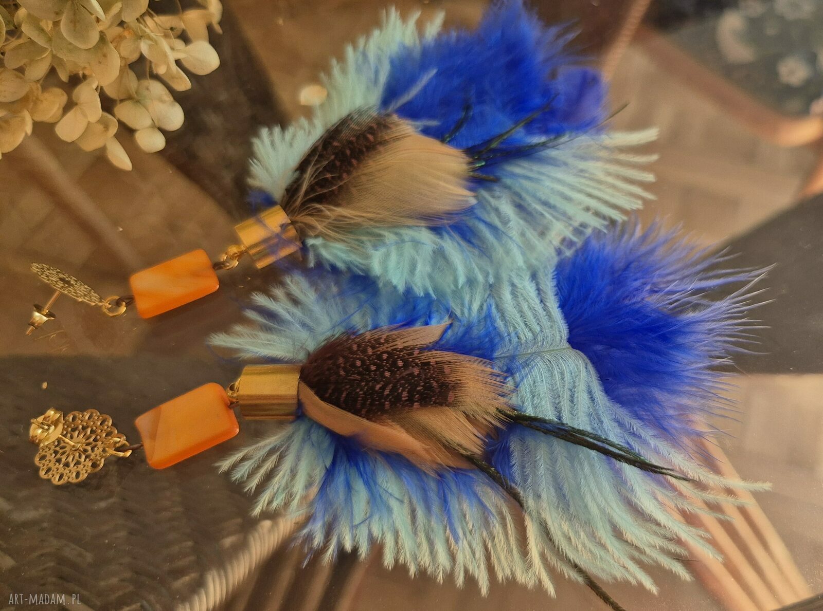 Kolczyki z piórami Frida - lekkie i długie boho od Rudej Klary