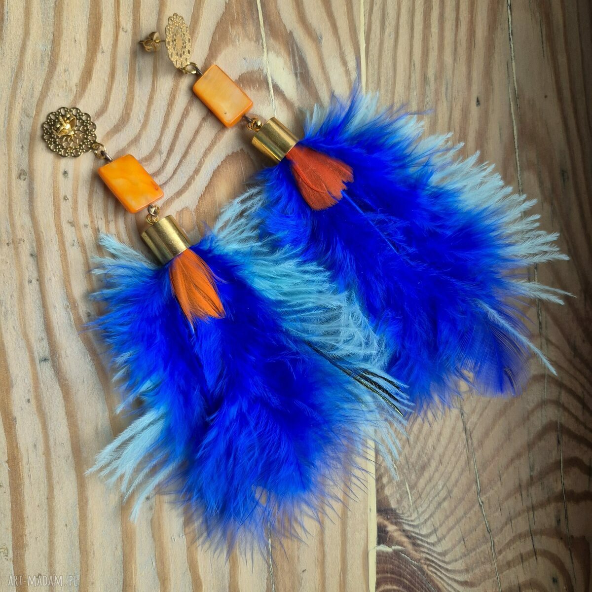 Kolczyki z piórami Frida - lekkie i długie boho od Rudej Klary