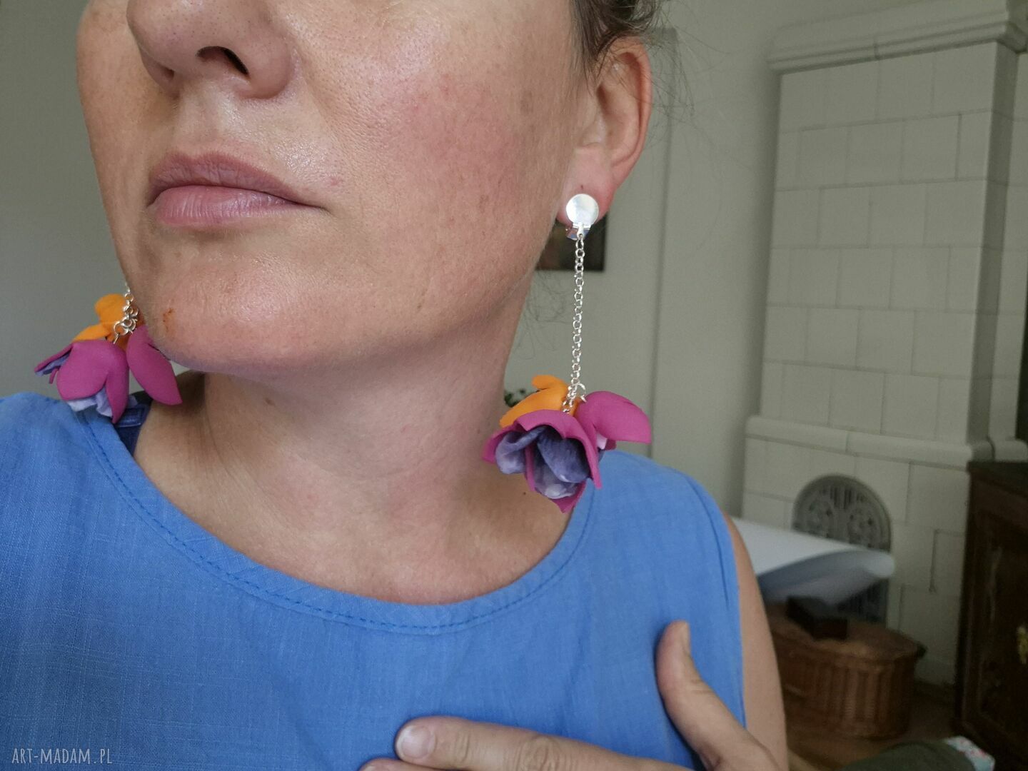 Klipsy leciutkie kolorowe energetyczne kwiaty - boho etno folk Frida