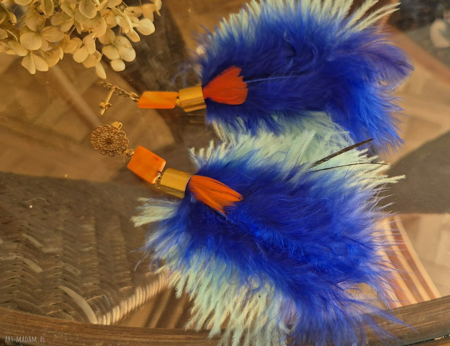 Kolczyki z piórami Frida - lekkie i długie boho od Rudej Klary