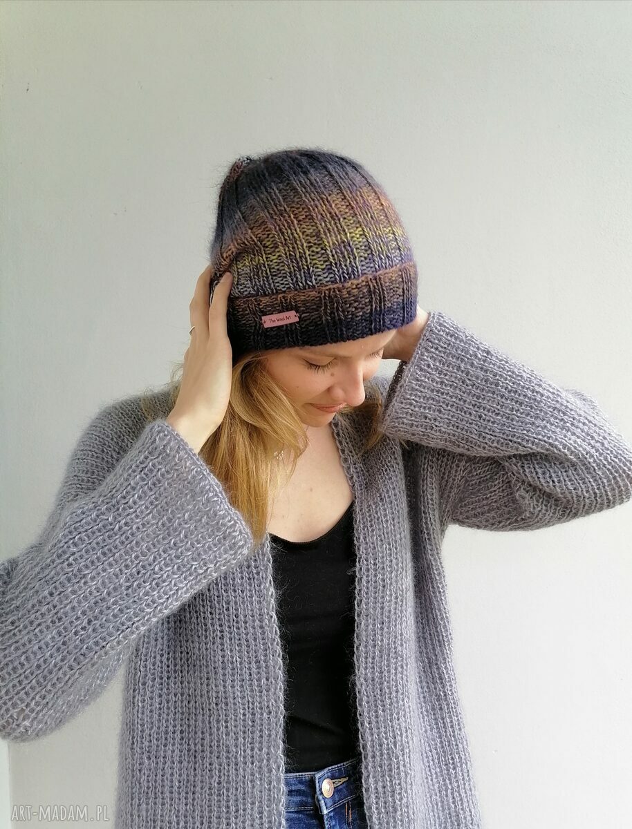 Lekka czapka z wełny i kid mohair - ręcznie robiona na drutach (54-56 cm)