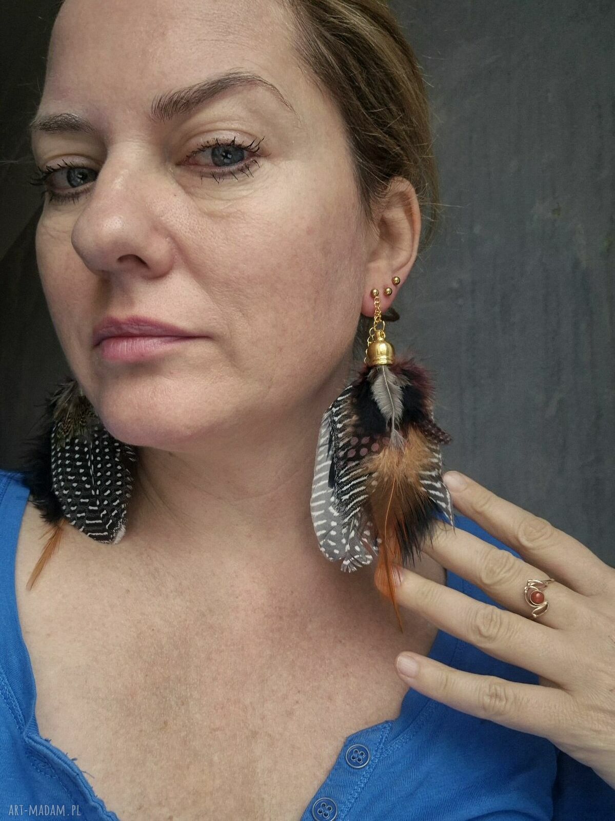 Kolczyki lekkie pióra Boho - rękodzieło Ruda Klara