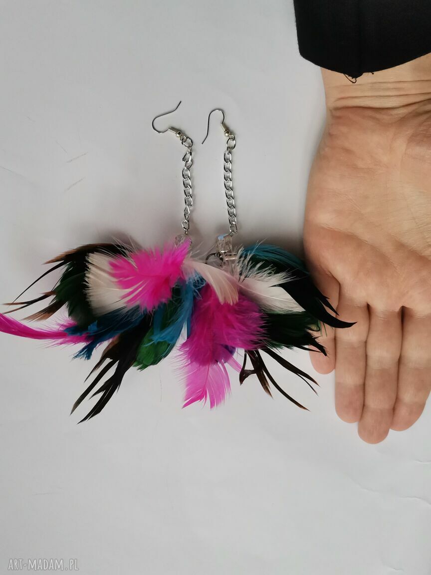 Kolczyki lekkie pióra folk etno boho - kolorowe rękodzieło