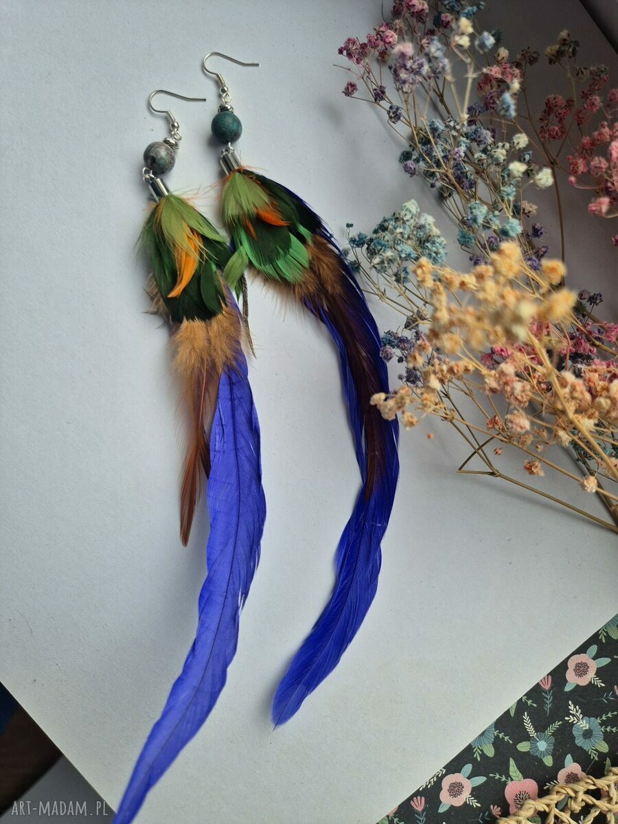 Kolczyki lekkie pióra Boho - turkusowe