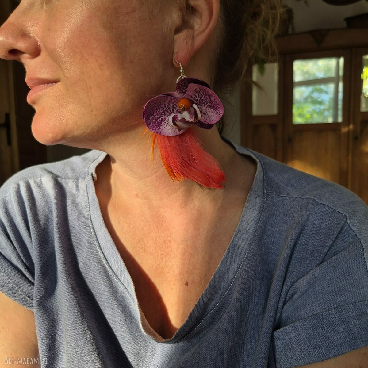 Kolczyki lekkie kwiaty i pióra boho folk - Ruda Klara