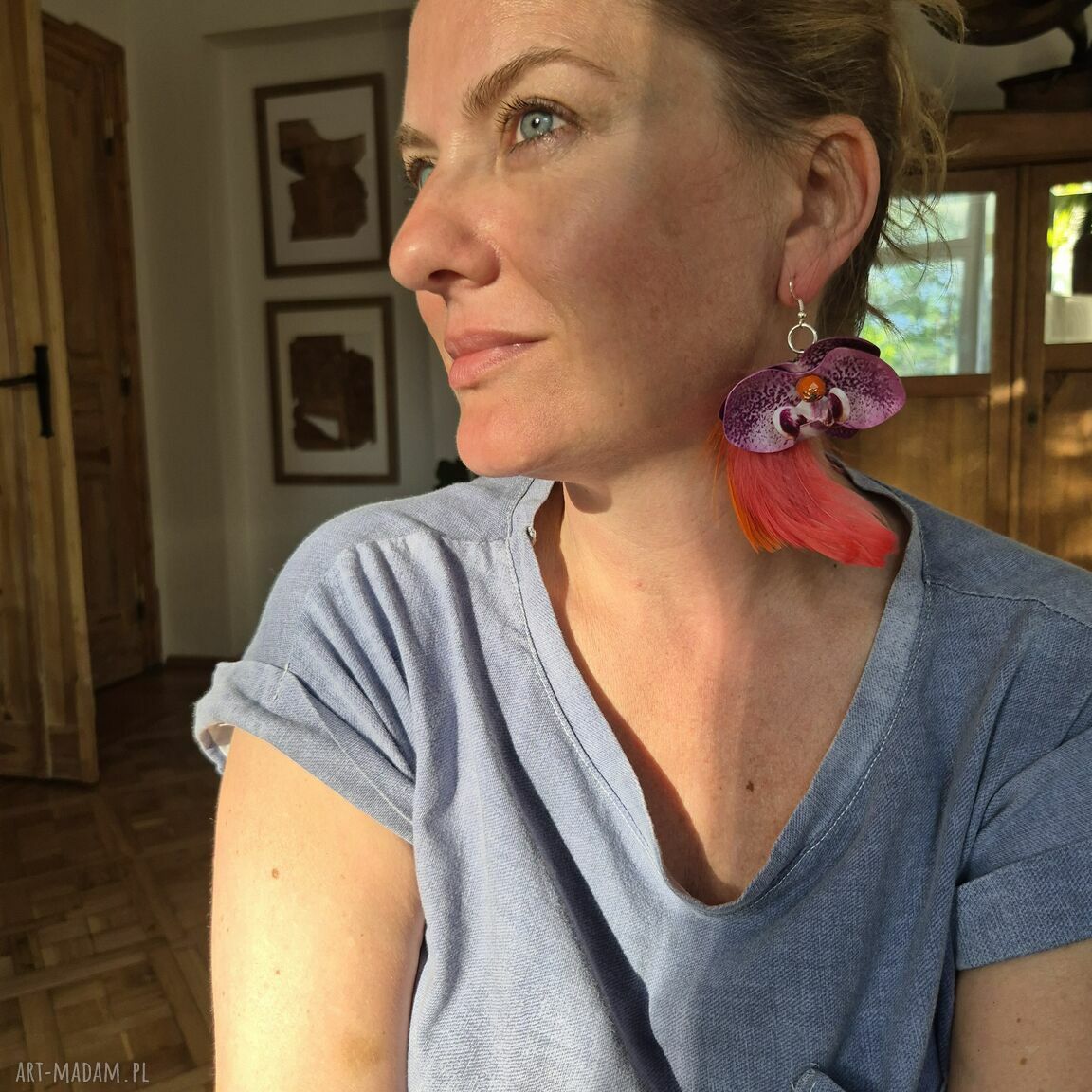 Kolczyki lekkie kwiaty i pióra boho folk - Ruda Klara