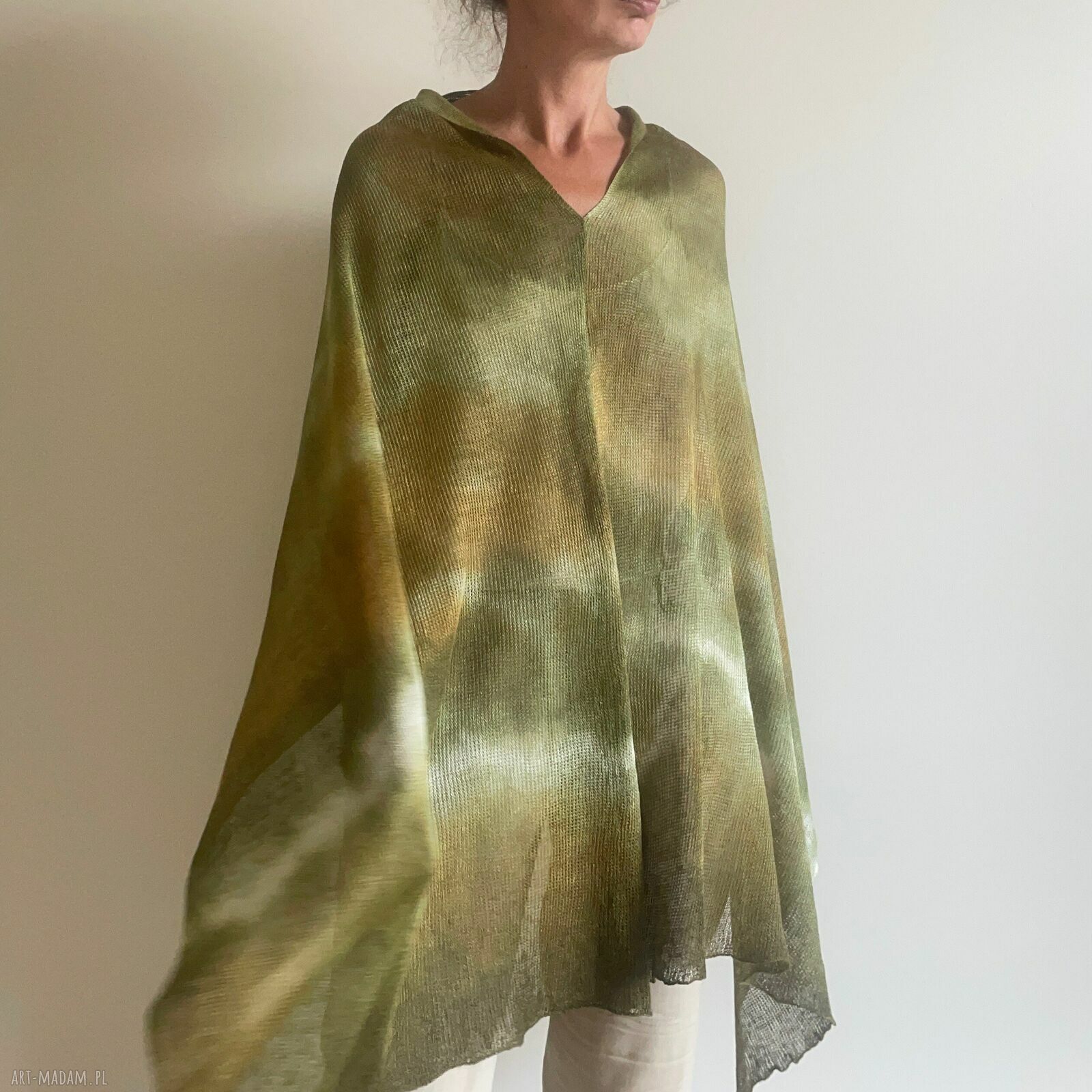 Narzutka lniana w ciepłych zieleniach - ponczo-tunika z lnu (one size S/M/L)