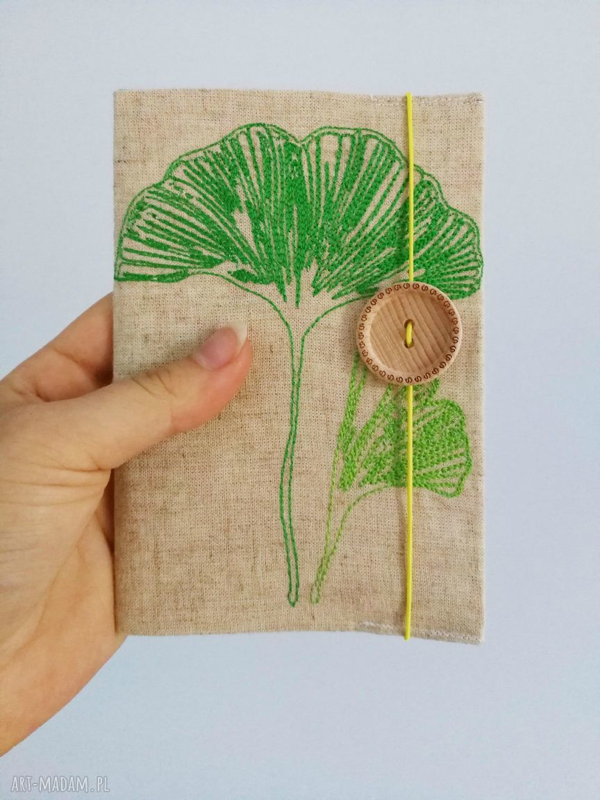 Notes ginko biloba lniany - ręcznie haftowany notesik 15x10 cm