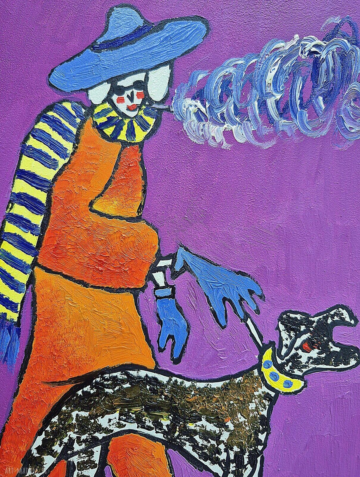 Obraz olejny „Babcia z pieskiem na spacerze” ręcznie malowany na zamówienie 21x29 cm