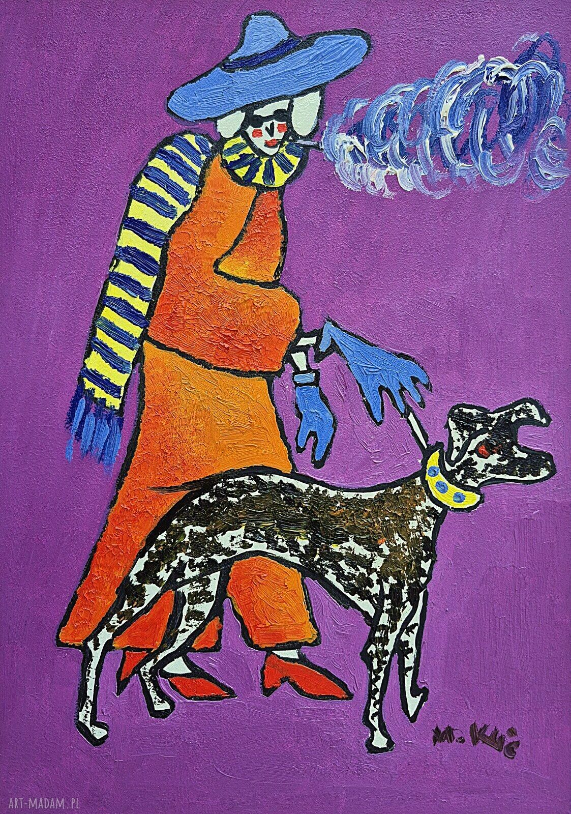 Obraz olejny „Babcia z pieskiem na spacerze” ręcznie malowany na zamówienie 21x29 cm