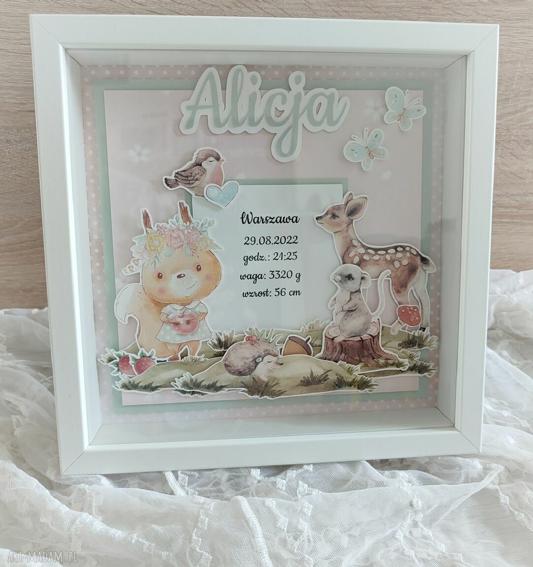Leśna metryczka dla dziewczynki w ramce 3D