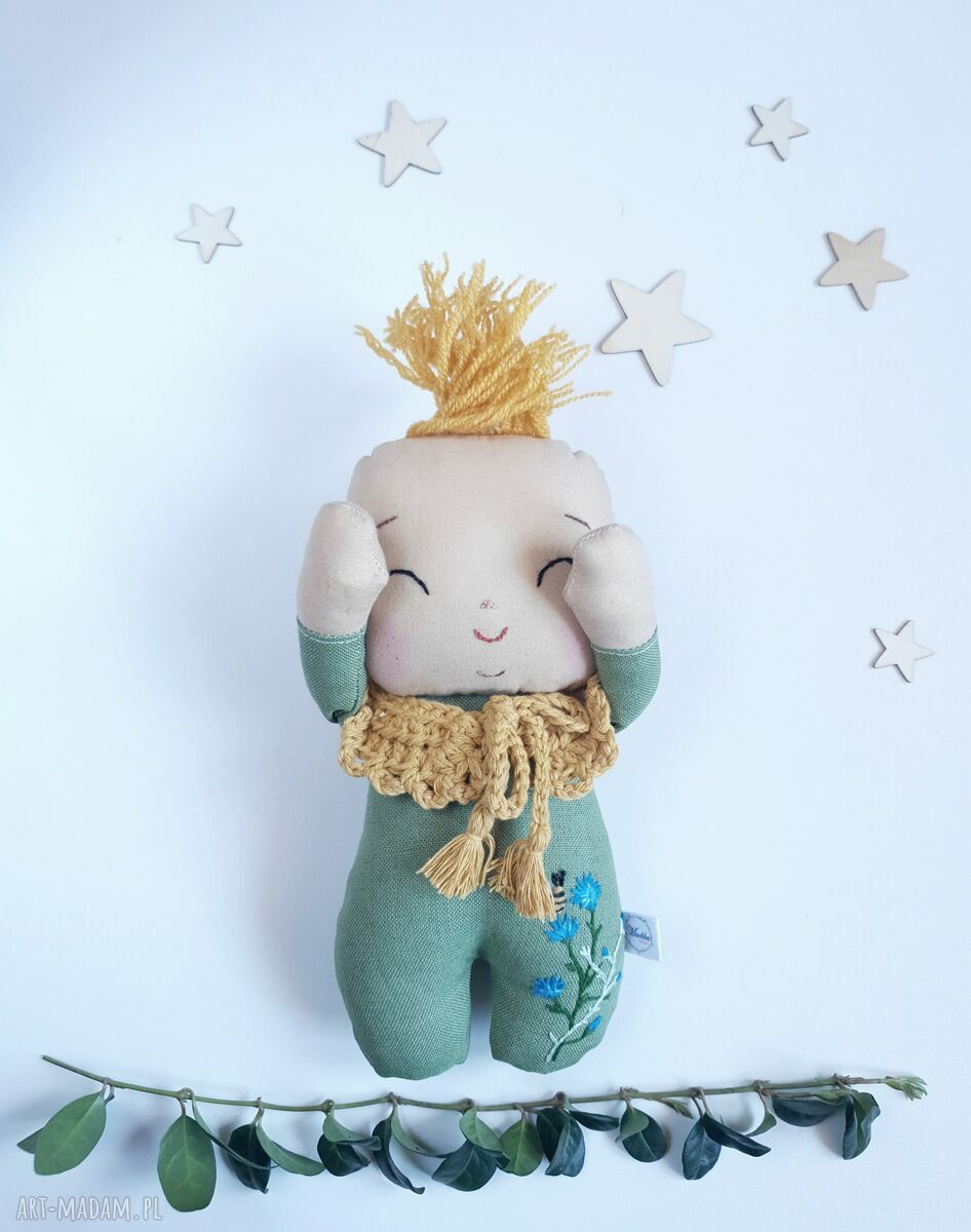 Lalka leśny skrzat Chaberek lniana przytulanka handmade 24 cm