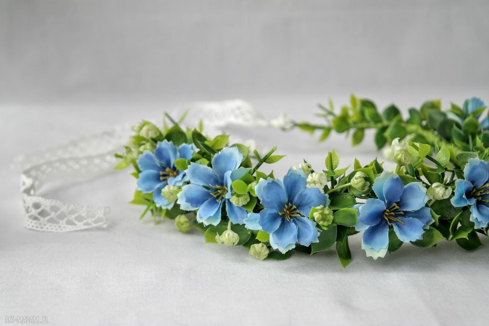Letni błękit - romantyczny wianek boho z kwiatów jak żywy (handmade)