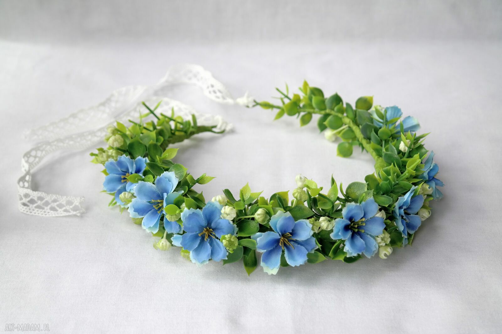 Letni błękit - romantyczny wianek boho z kwiatów jak żywy handmade