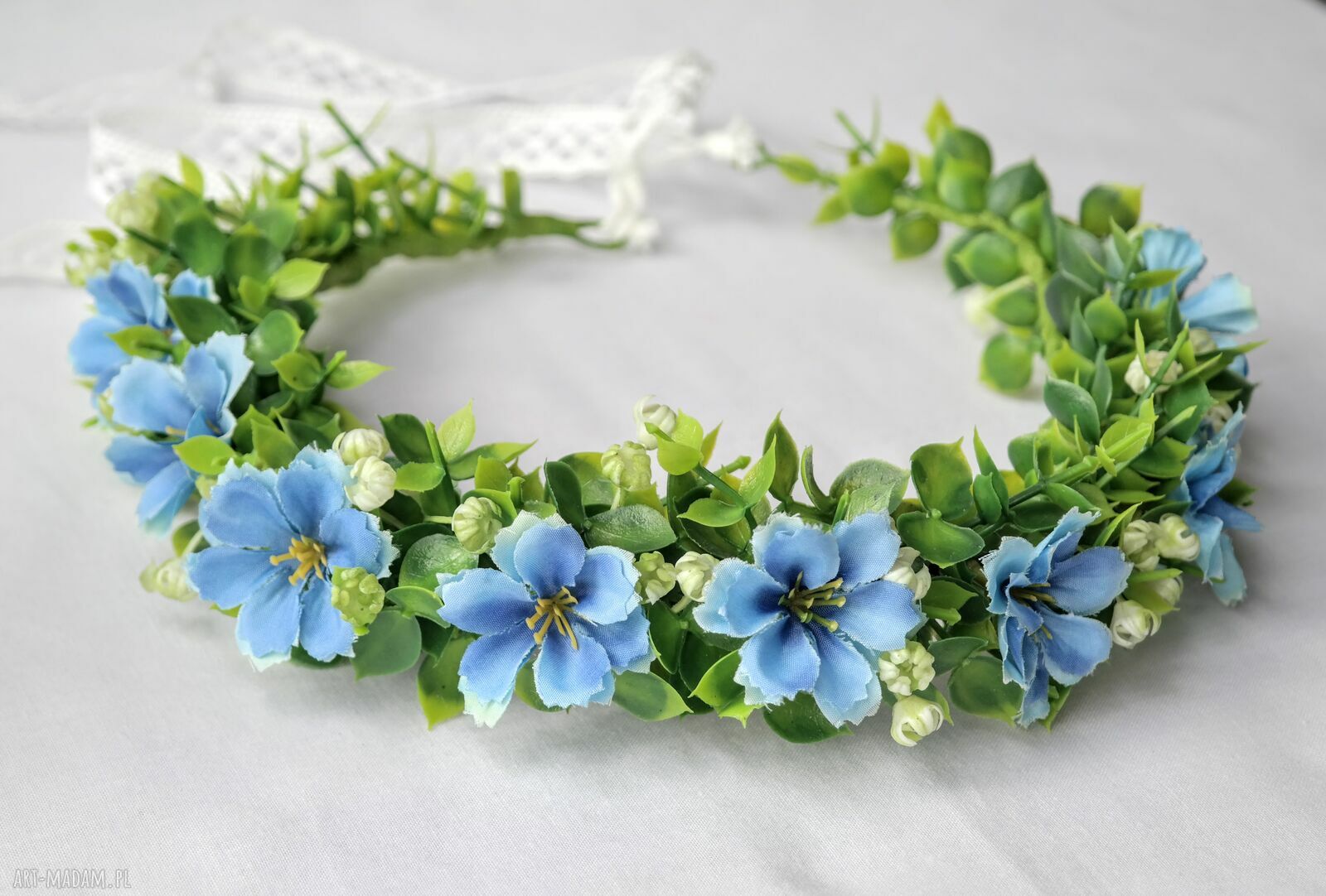 Letni błękit - romantyczny wianek boho z kwiatów jak żywy (handmade)