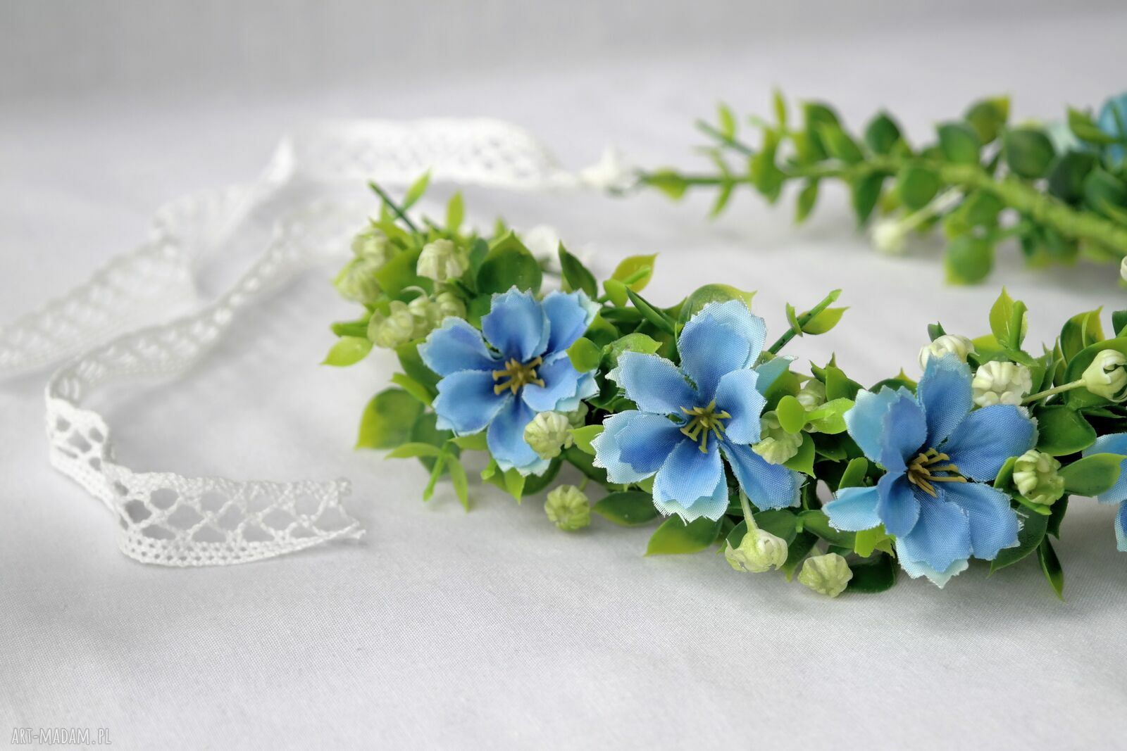 Letni błękit - romantyczny wianek boho z kwiatów jak żywy (handmade)