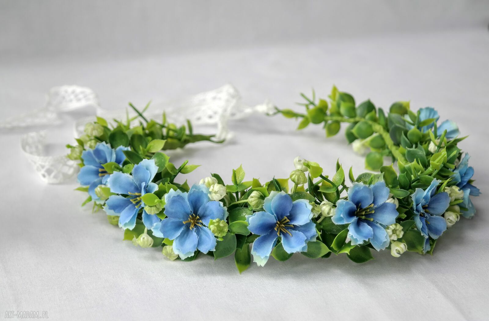 Letni błękit - romantyczny wianek boho z kwiatów jak żywy (handmade)