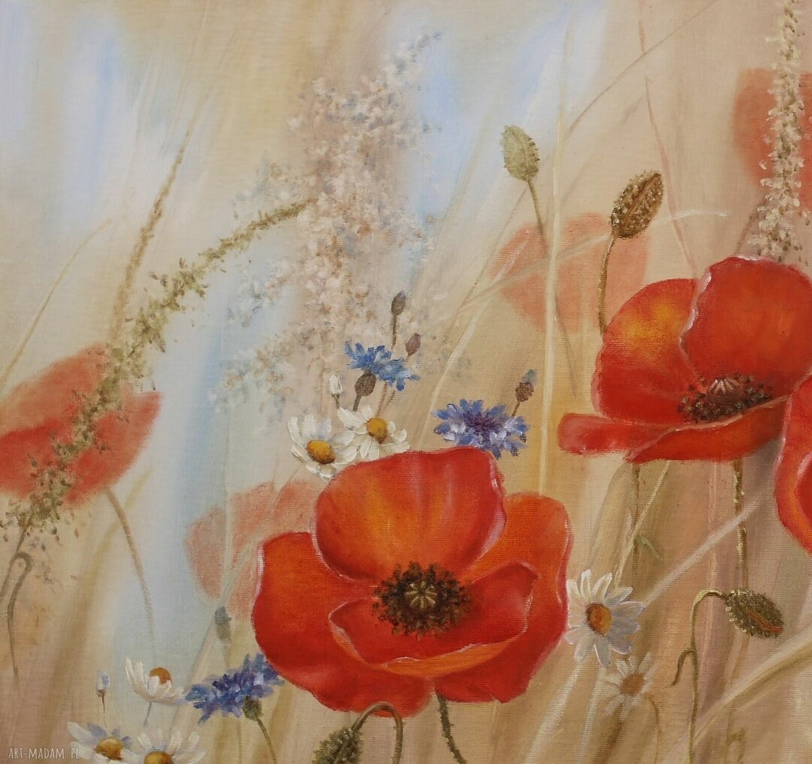 Letni Zapach - poziomy obraz olejny z makami 40 x 60 cm