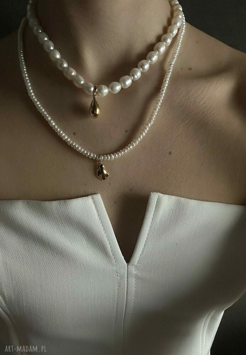 naszyjniki: Naszyjnik z pereł naturalnych kroplą z różowego złota autorskie