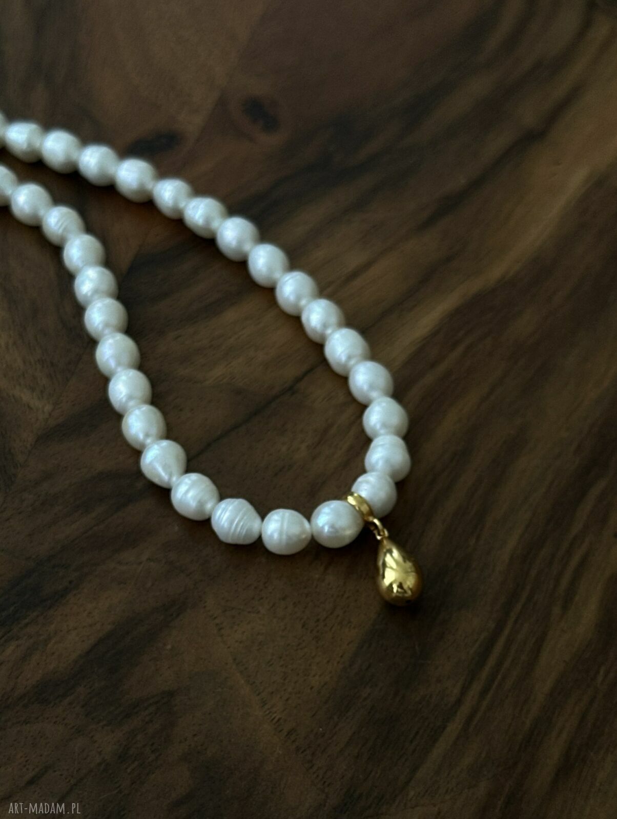 naszyjniki: Złoty naszyjnik z pereł naturalnych z kroplą autorskie