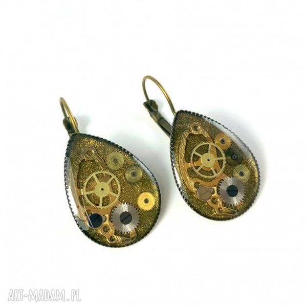Kolczyki Łezki Bronze IV - steampunkowe trybiki w żywicy (brąz)
