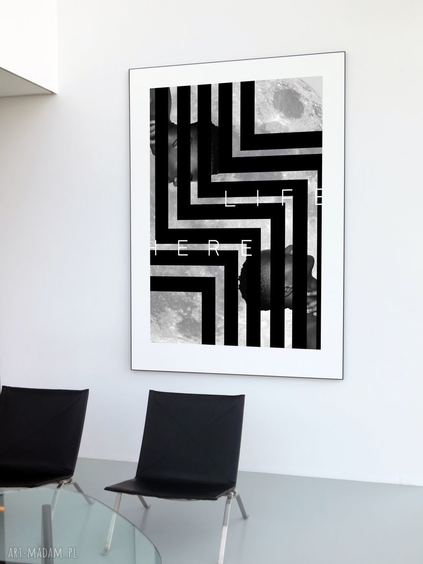 Autorska grafika kosmos LIFE HERE - w czarnej ramie B2 50x70, gotowa do zawieszenia