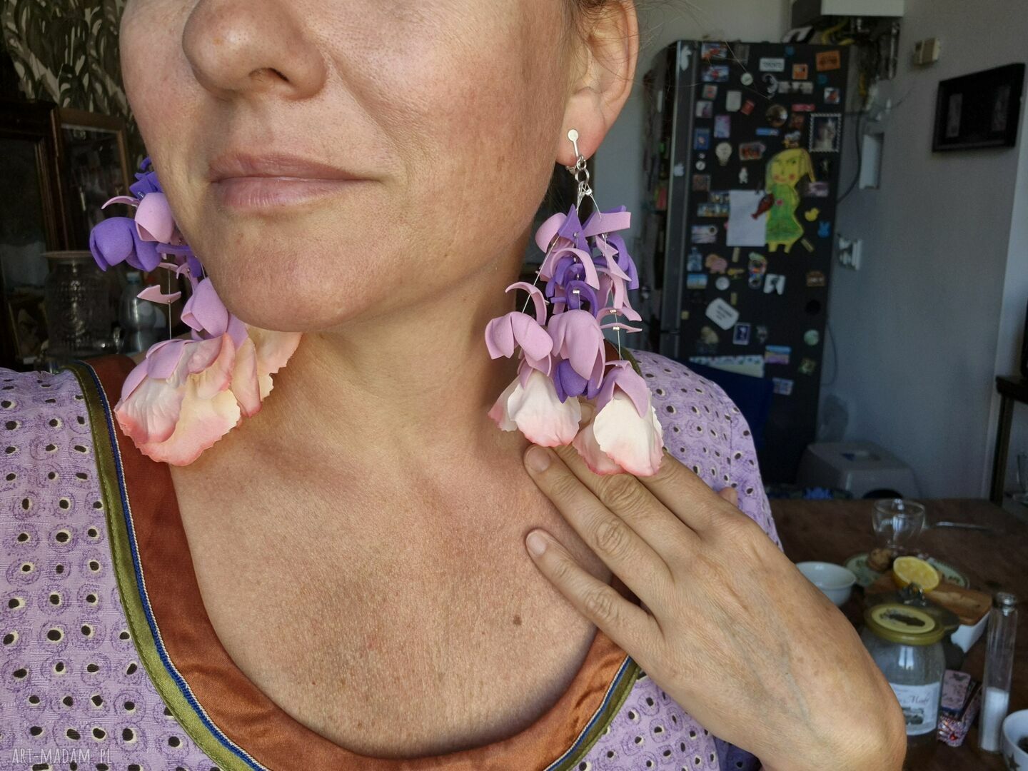 Klipsy liliowe w kwiaty - handmade boho i etno