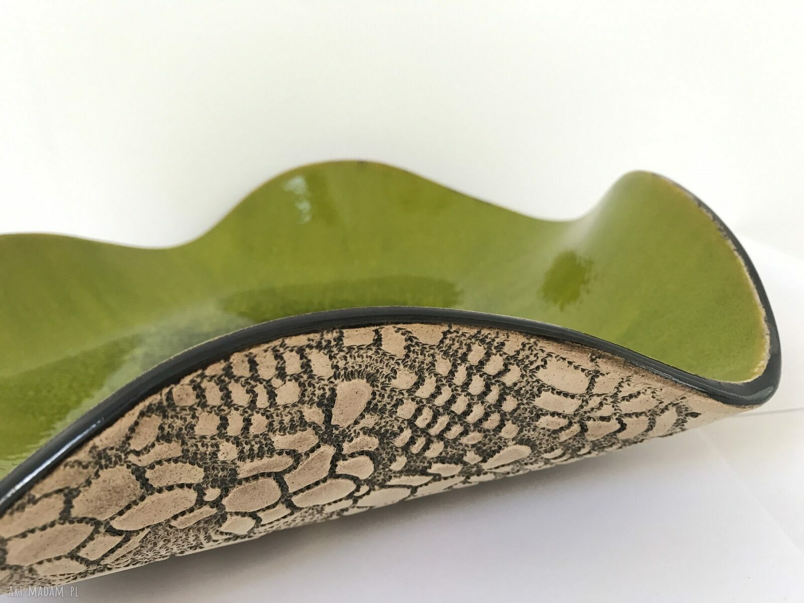 Limonkowa artystyczna misa ceramiczna z koronkowym wzorem