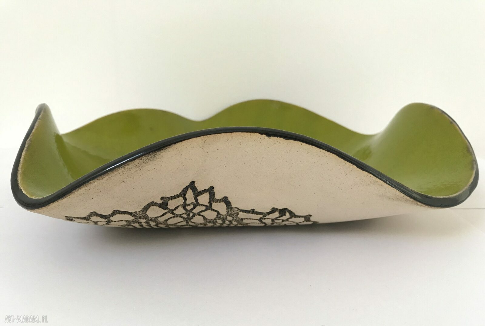 Limonkowa artystyczna misa ceramiczna z koronkowym wzorem