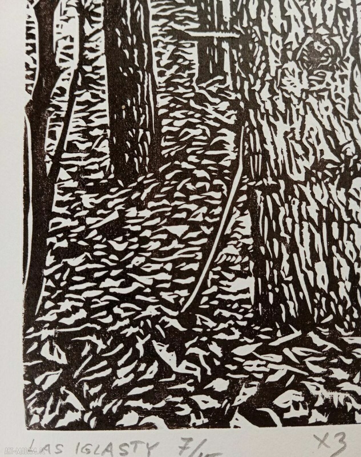 Linoryt 'Las iglasty' - ręcznie odbijana grafika czarno-biała (limit 15 szt.)