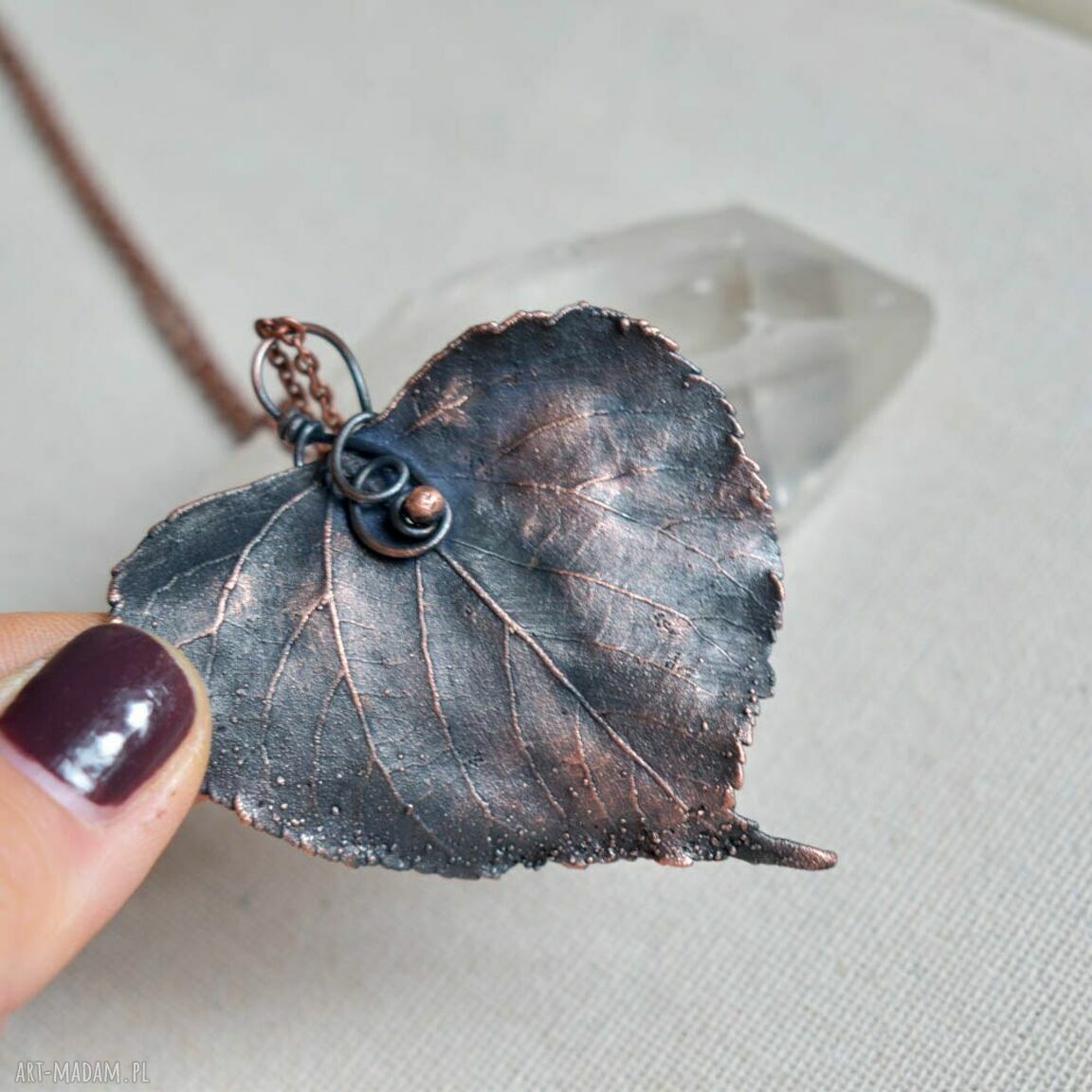 Lipa - naszyjnik z liściem pokrytym miedzią (handmade)