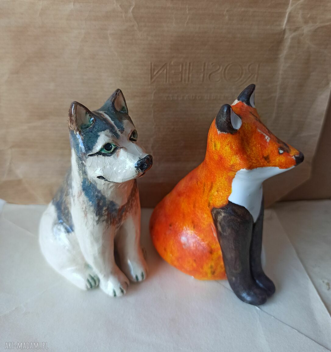 Lis i Alaskan Malamute - ceramika handmade jako ozdoba do Twojego wnętrza i lasów w słoikach