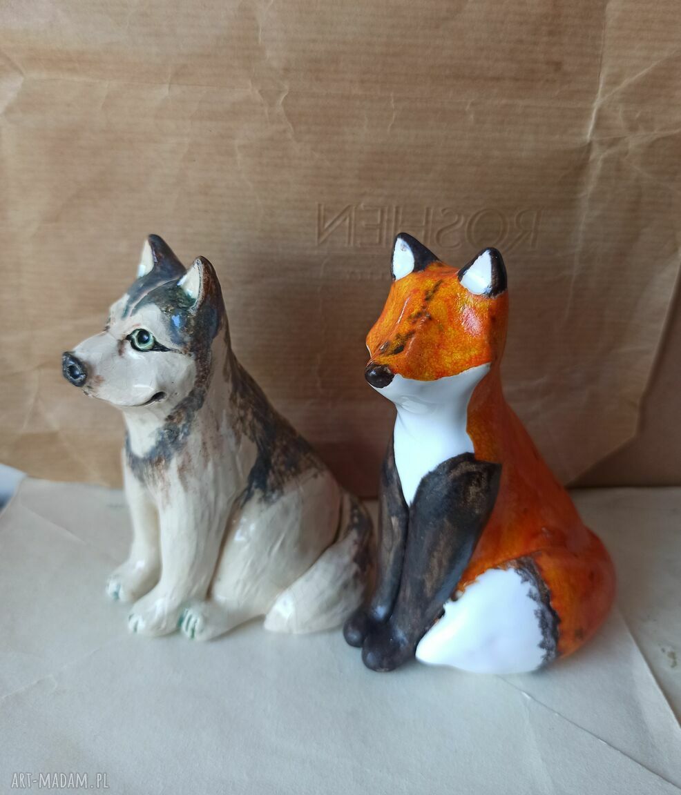 Lis i Alaskan Malamute - ceramika handmade jako ozdoba do Twojego wnętrza i lasów w słoikach