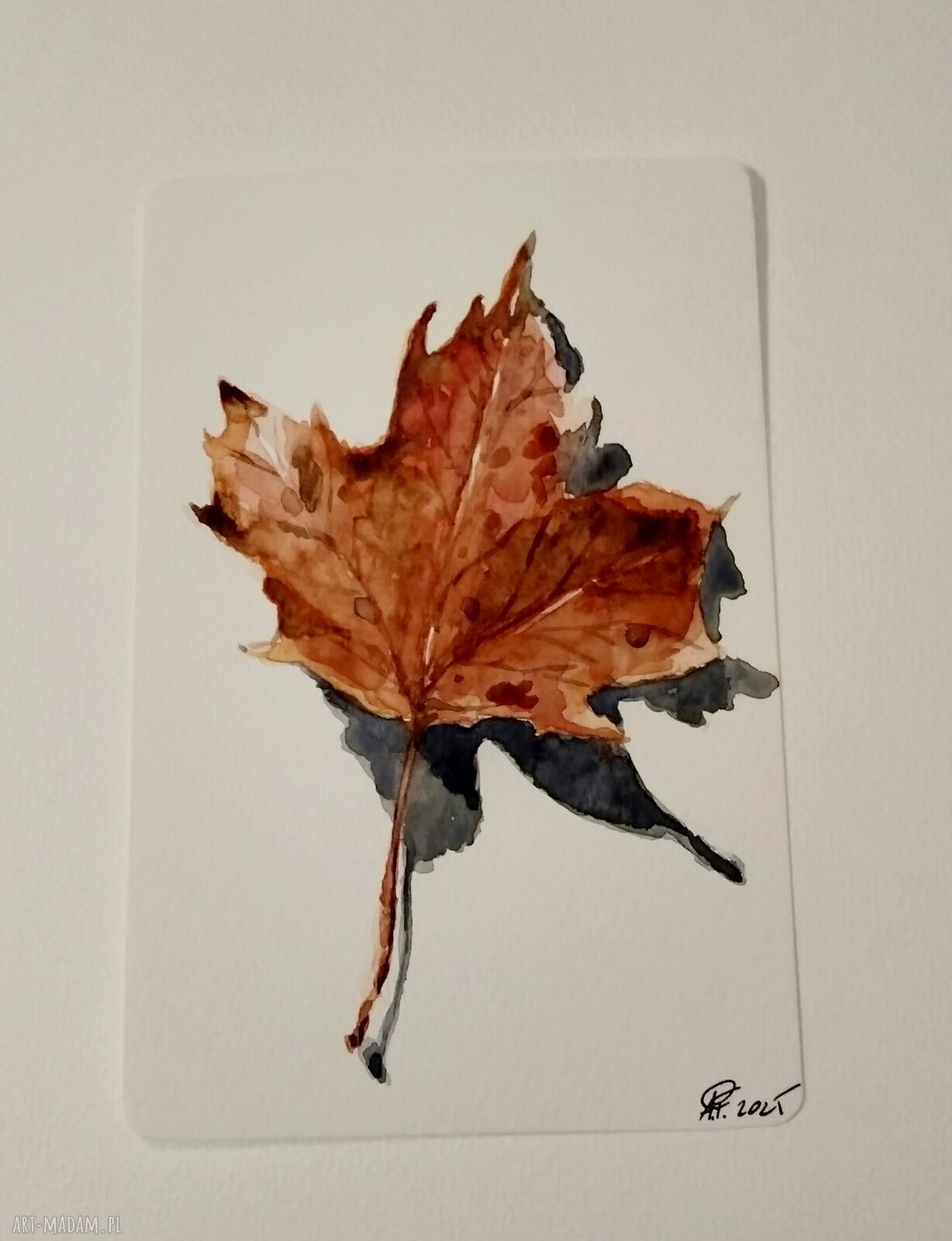 Liść. Akwarela - jesienna ilustracja ręcznie malowana 10x15 cm