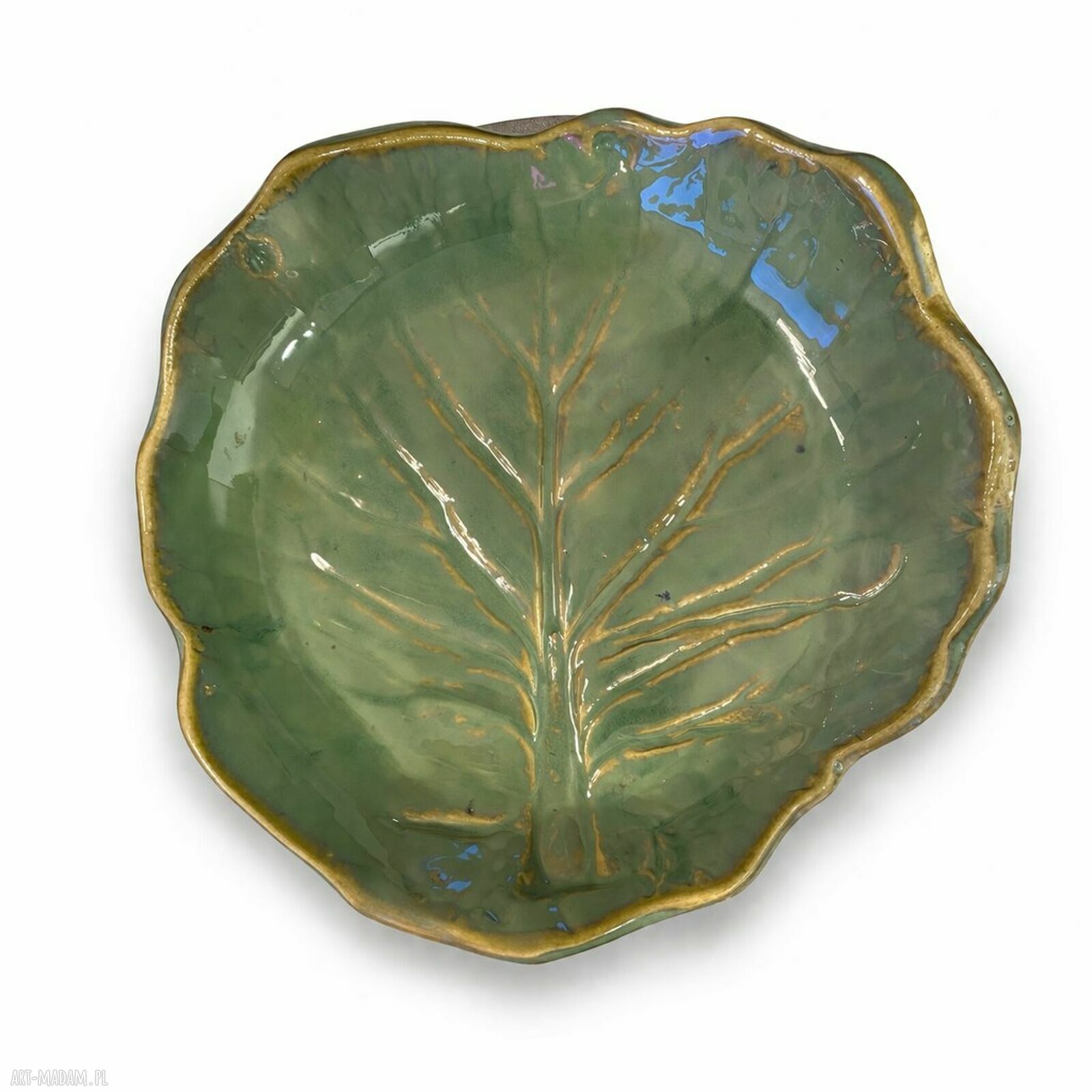 Talerz ceramiczny Liść 17 cm - zielona glazura, ręczne wykonanie