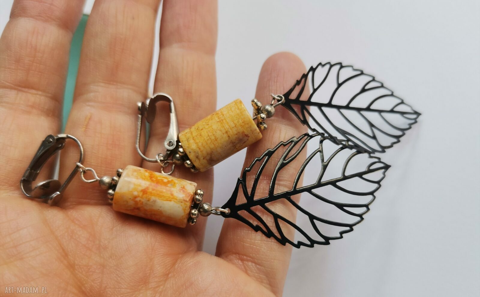 Klipsy liście kamieniami - etno boho Frida od Ruda Klara (handmade)