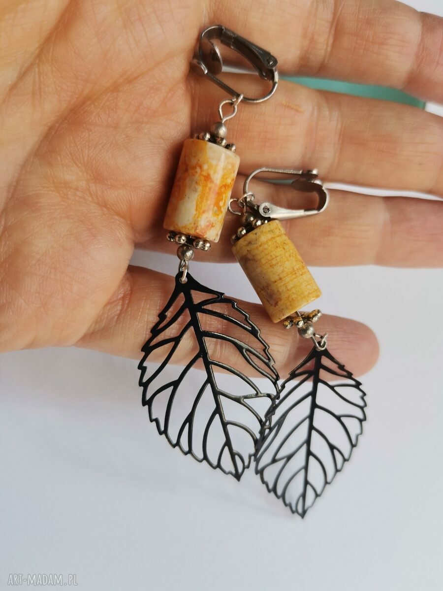 Klipsy liście kamieniami - etno boho Frida od Ruda Klara (handmade)