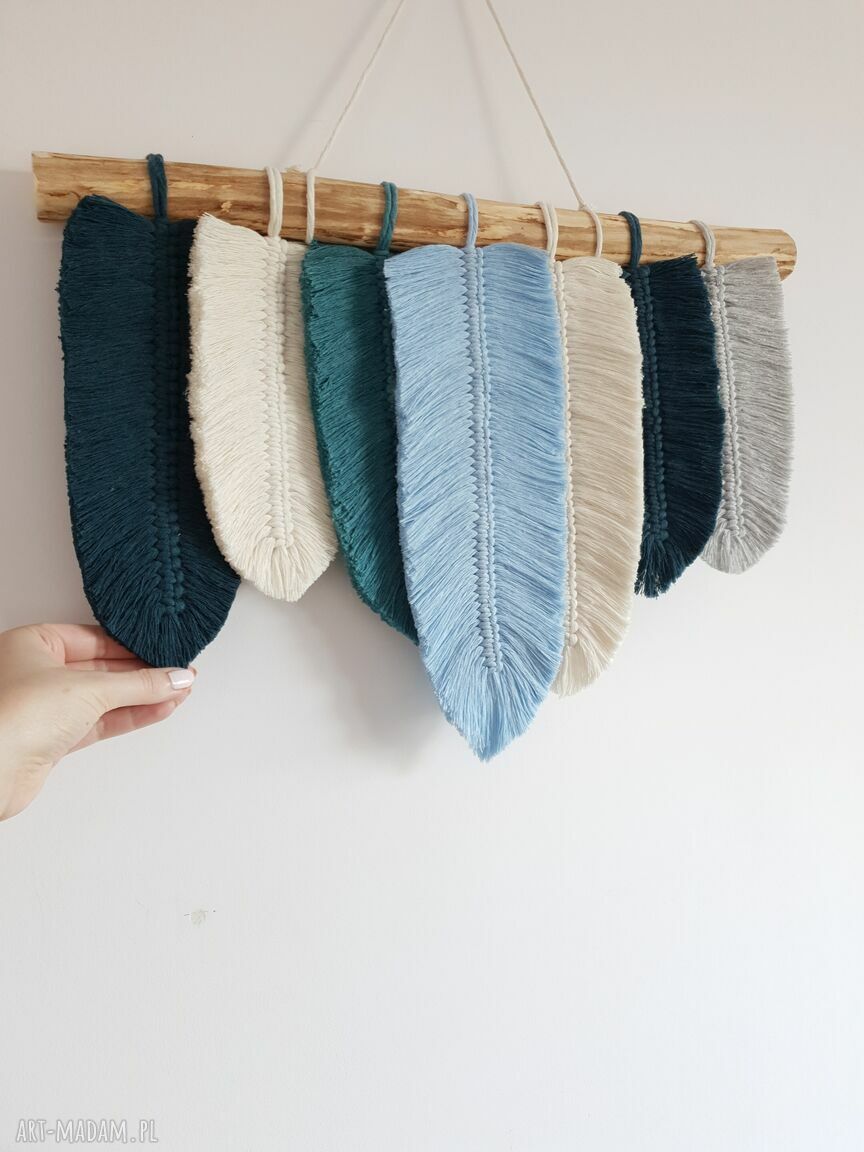 Makrama piórka Blue - ręcznie robiona dekoracja ścienna boho