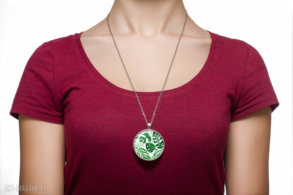 Medalion okrągły z grafiką Monstery zielone liście naszyjnik handmade