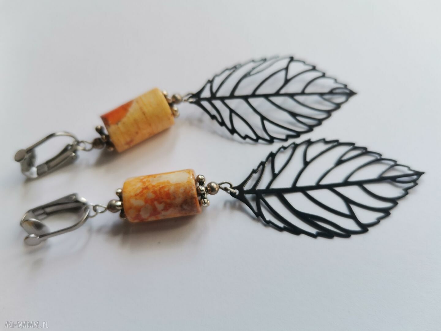Klipsy liście kamieniami - etno boho Frida od Ruda Klara (handmade)