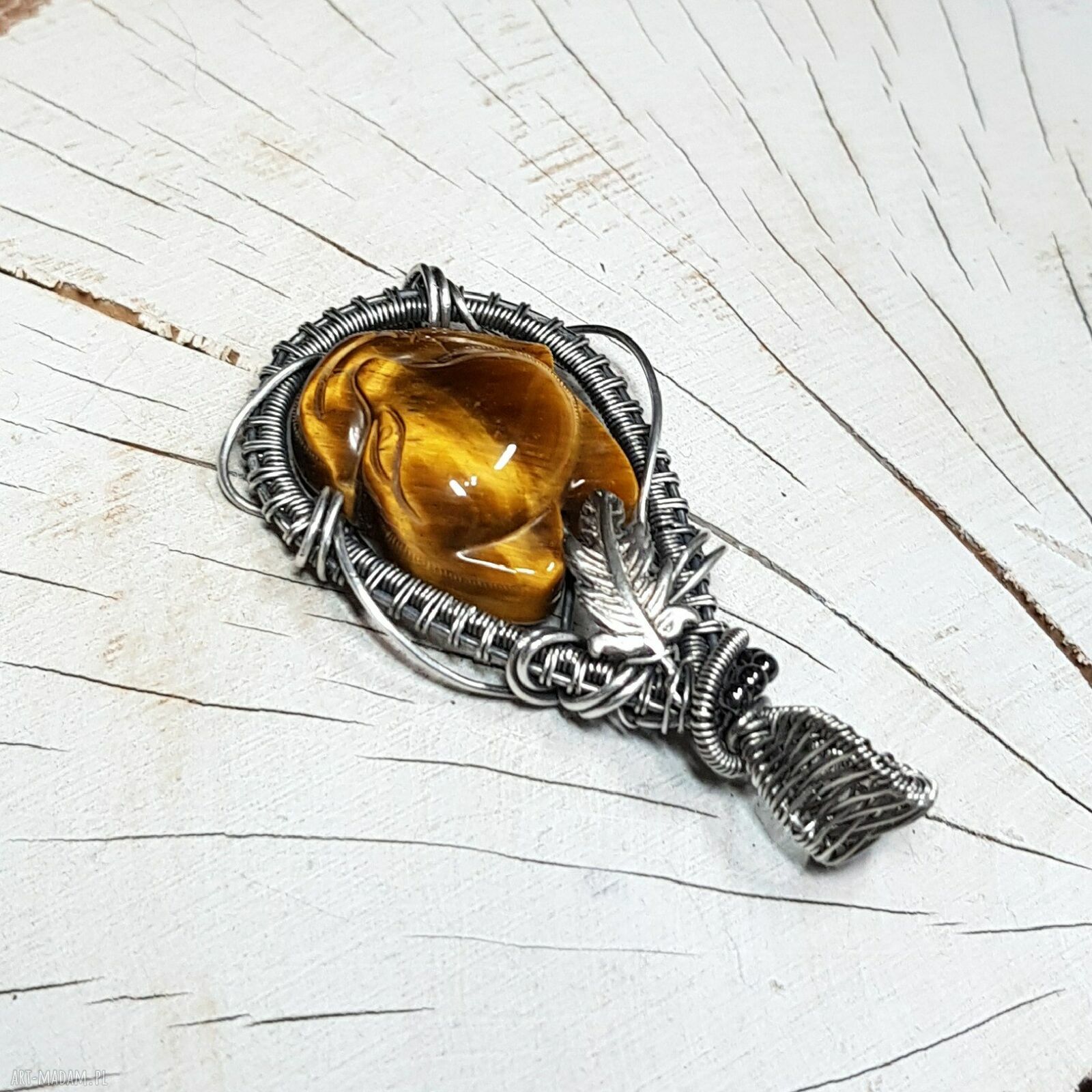 Lisek z tygrysiego oka s223 - ręcznie robiony wisiorek wire wrapping z srebra 999