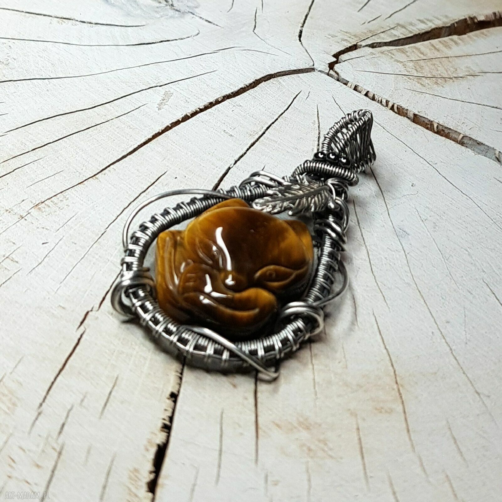Lisek z tygrysiego oka s223 - ręcznie robiony wisiorek wire wrapping z srebra 999