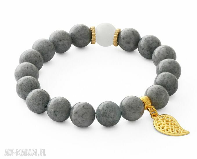 Gray moon jade with leaf pendant jadeit listek modna delikatna
