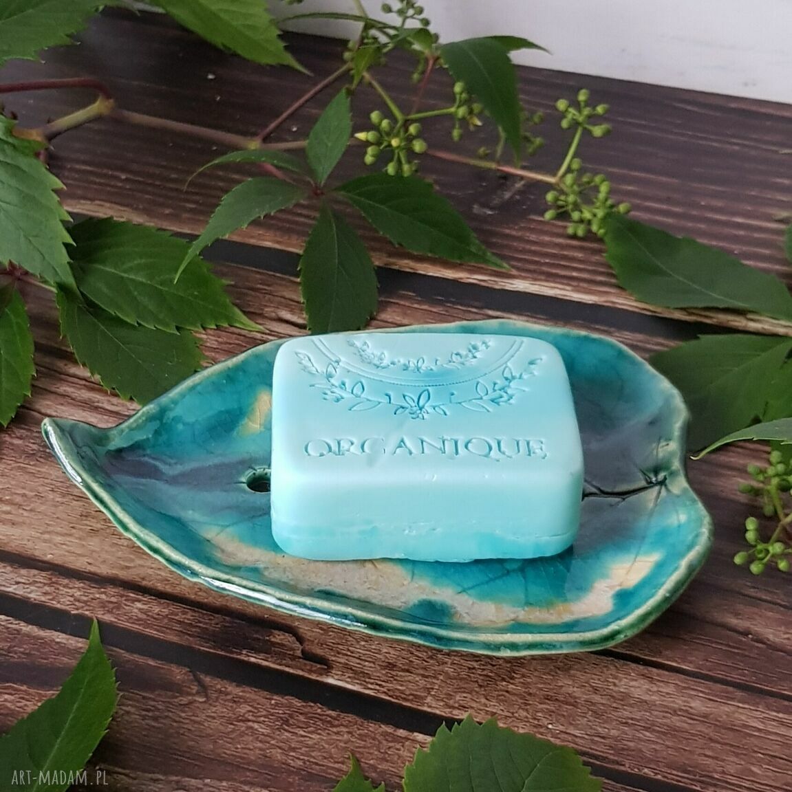 Mydelniczka ceramiczna listek - beż, turkus i zieleń
